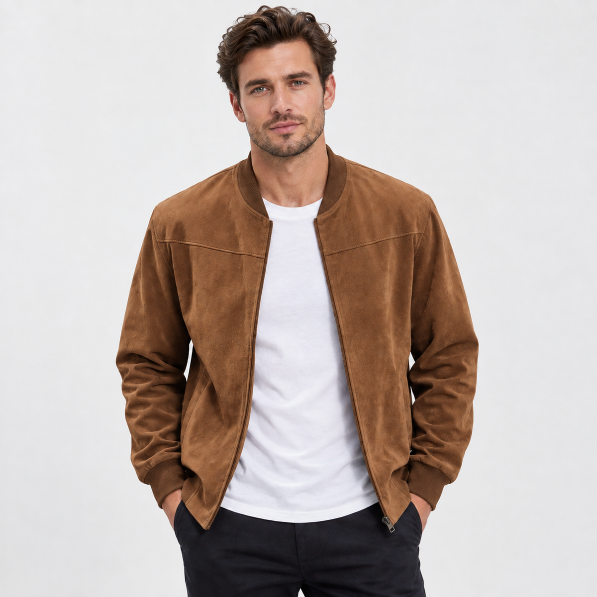 Men's Suede-Style Zip Top - Stand Collar Long Sleeve