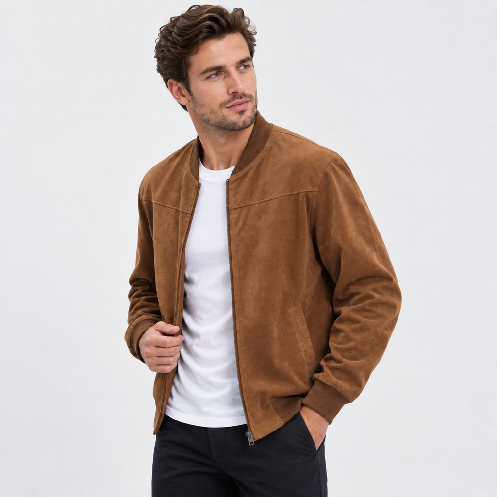Men's Suede-Style Zip Top - Stand Collar Long Sleeve