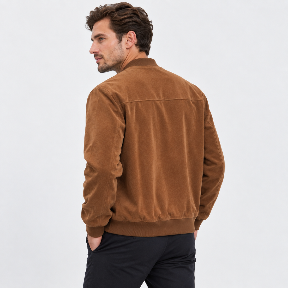 Men's Suede-Style Zip Top - Stand Collar Long Sleeve