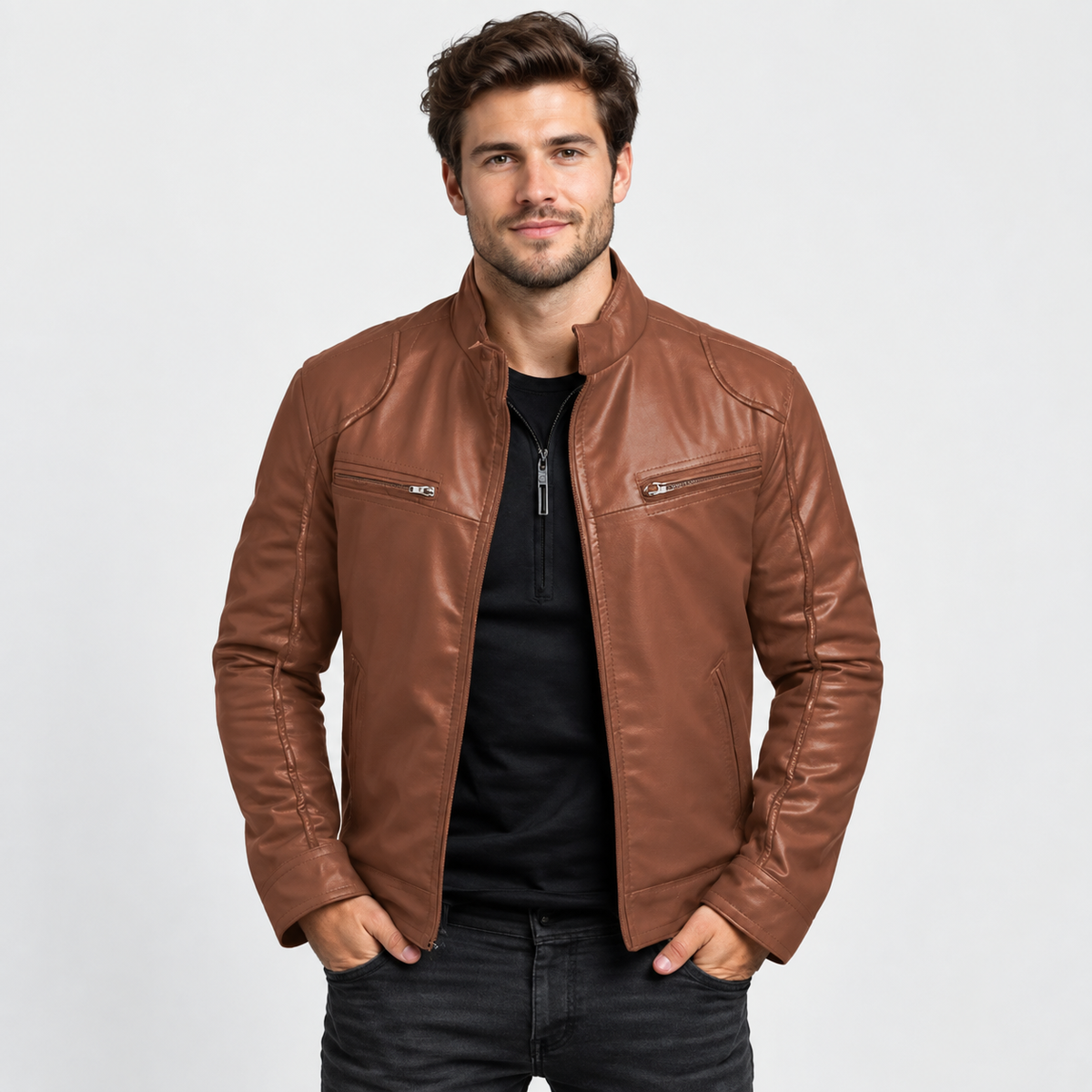 Men's Faux Leather Moto Jacket - Stand Collar