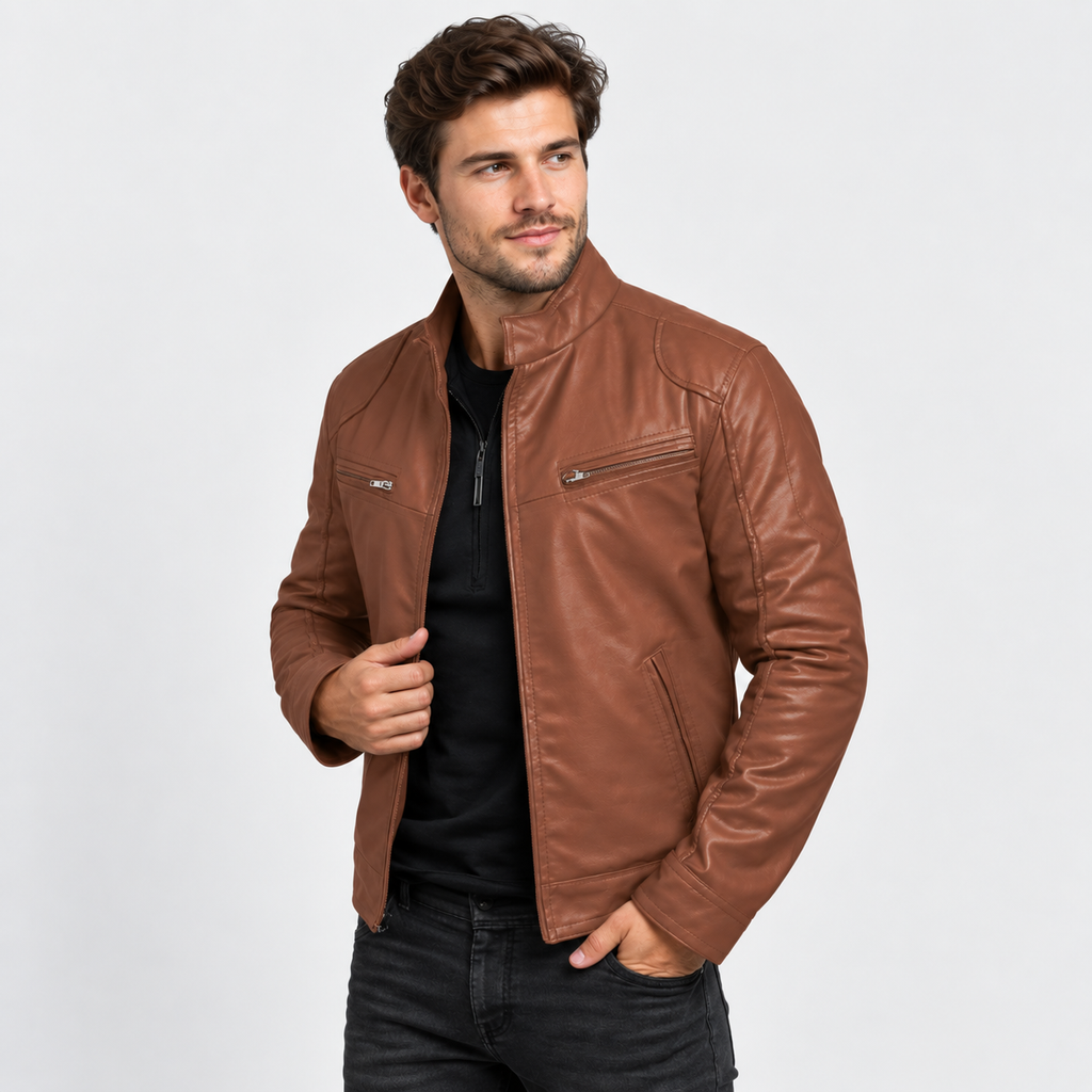 Men's Faux Leather Moto Jacket - Stand Collar