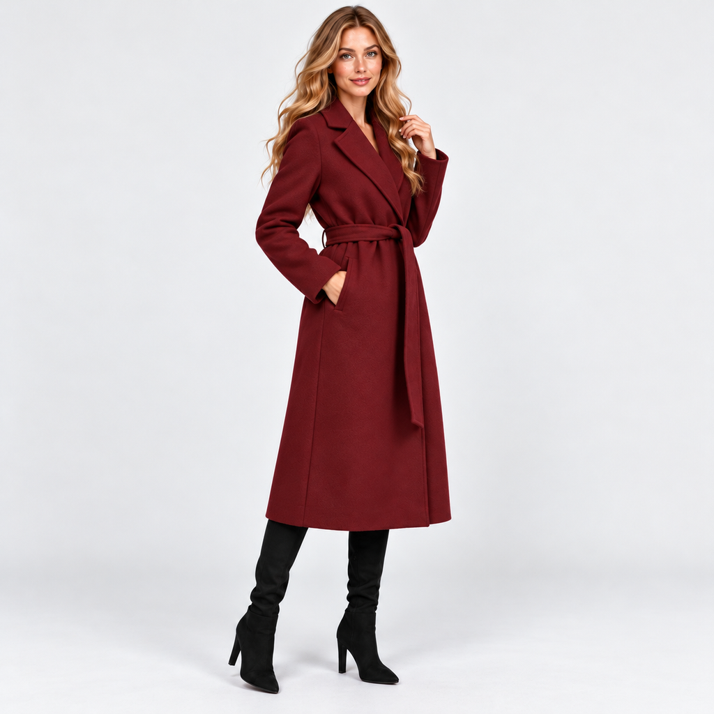 Women's Long V-Neck Coat with Lace-Up Waist