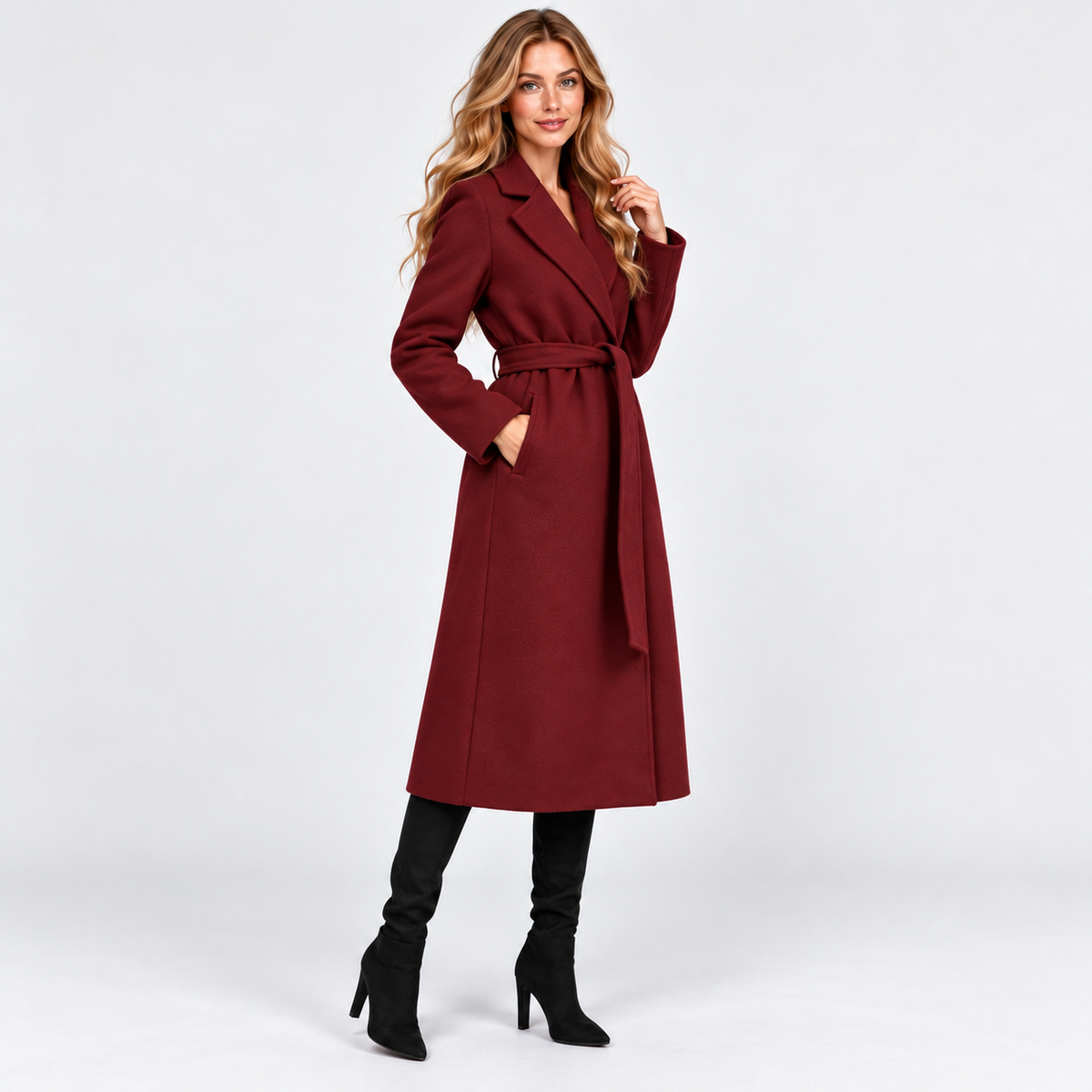 Women's Long V-Neck Coat with Lace-Up Waist