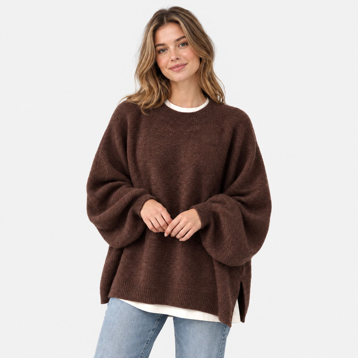 Women's Crew Neck Sweater - Balloon Sleeve Loose Fit