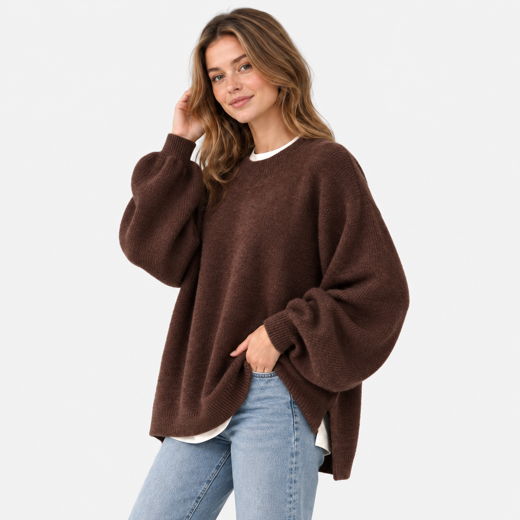 Women's Crew Neck Sweater - Balloon Sleeve Loose Fit