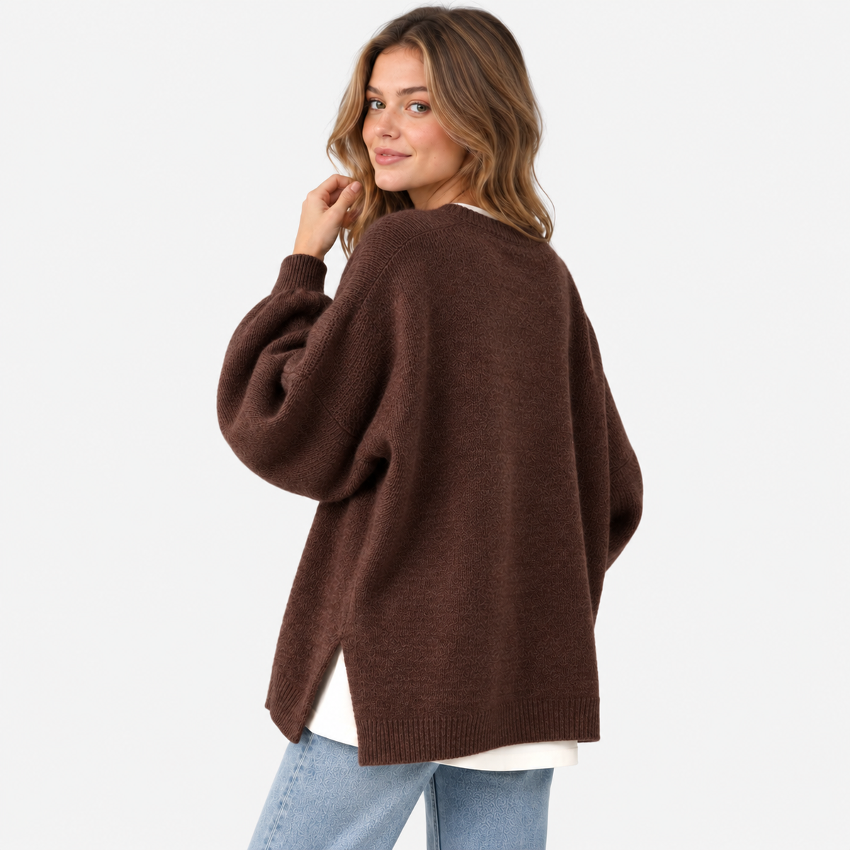Women's Crew Neck Sweater - Balloon Sleeve Loose Fit