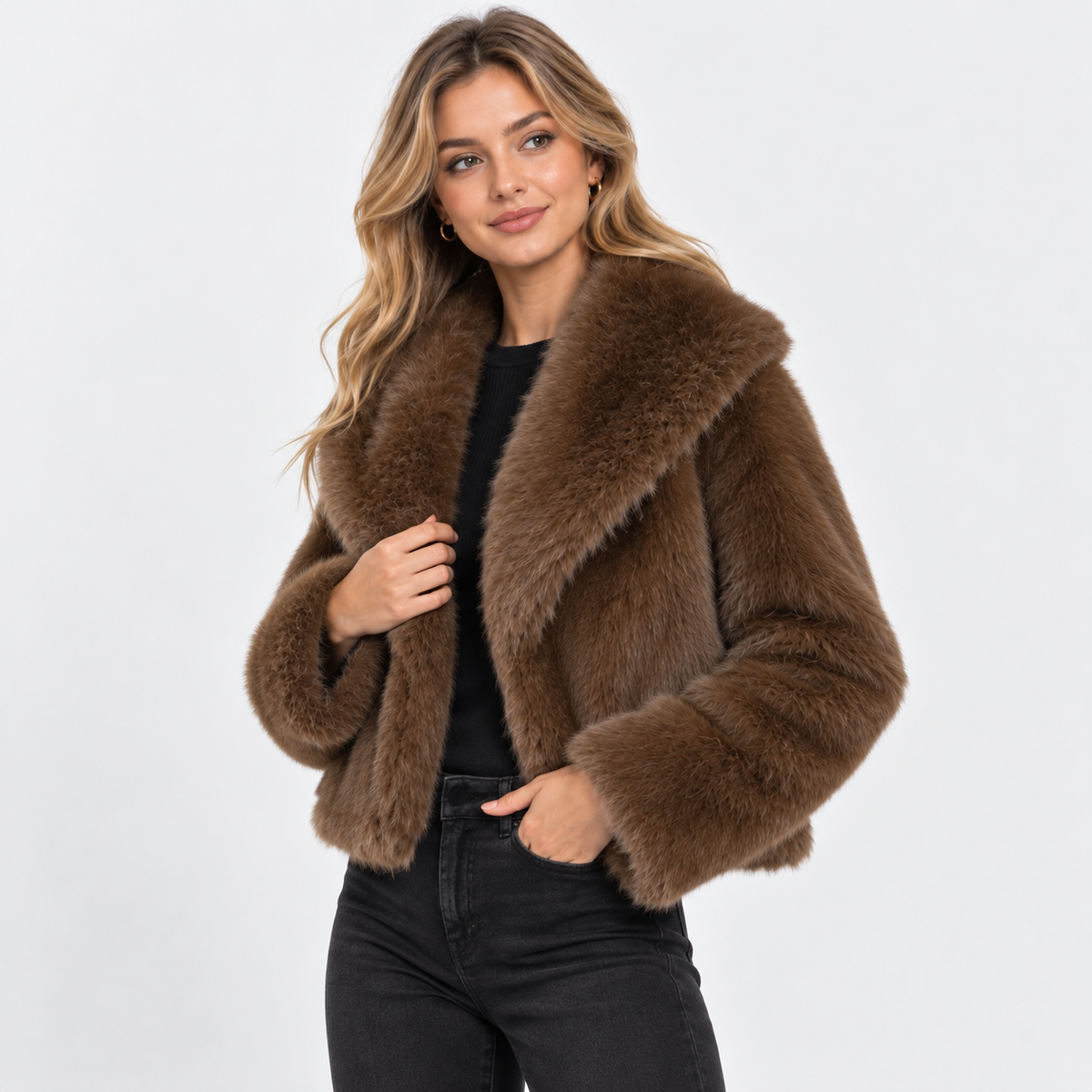Women's Short Faux Fur Coat - Vintage Lapel Style