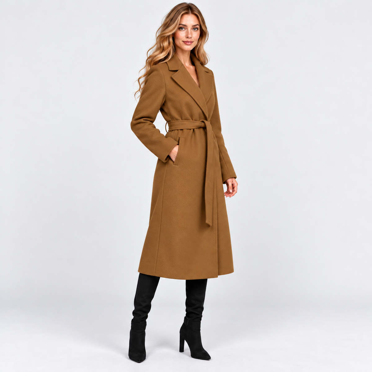 Women's Long V-Neck Coat with Lace-Up Waist