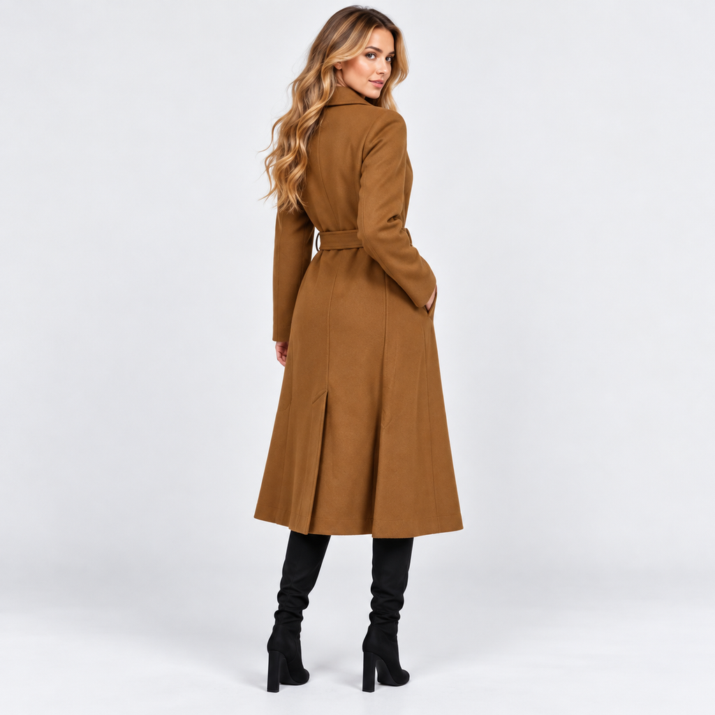Women's Long V-Neck Coat with Lace-Up Waist