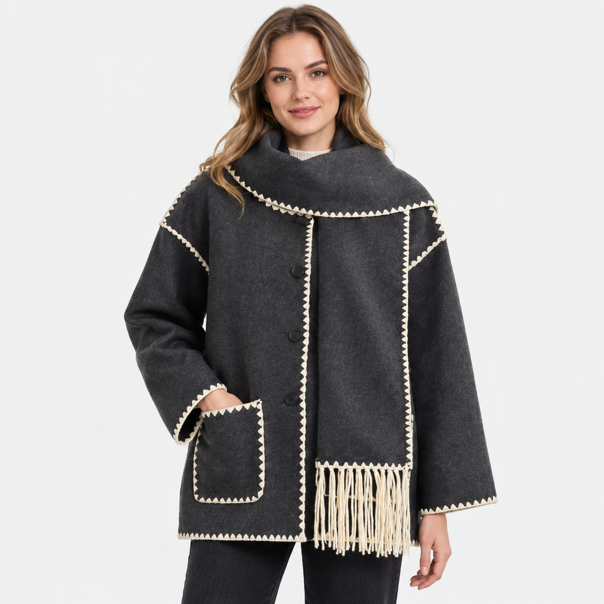 Women's Wool-Look Coat - Thick Loose Fit with Pockets