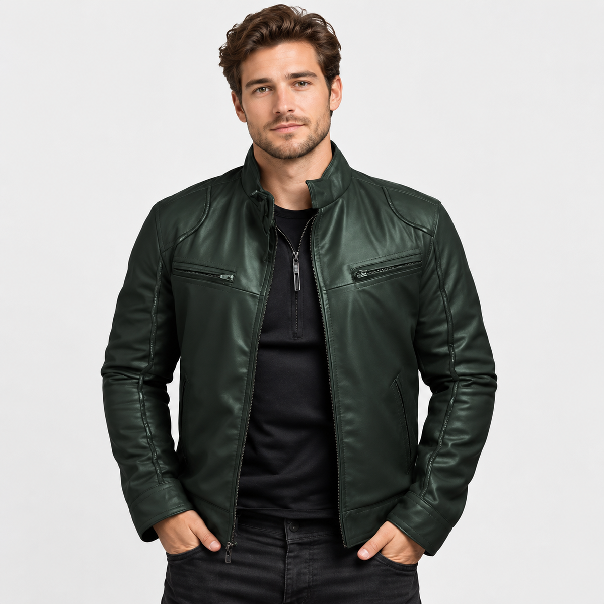 Men's Faux Leather Moto Jacket - Stand Collar