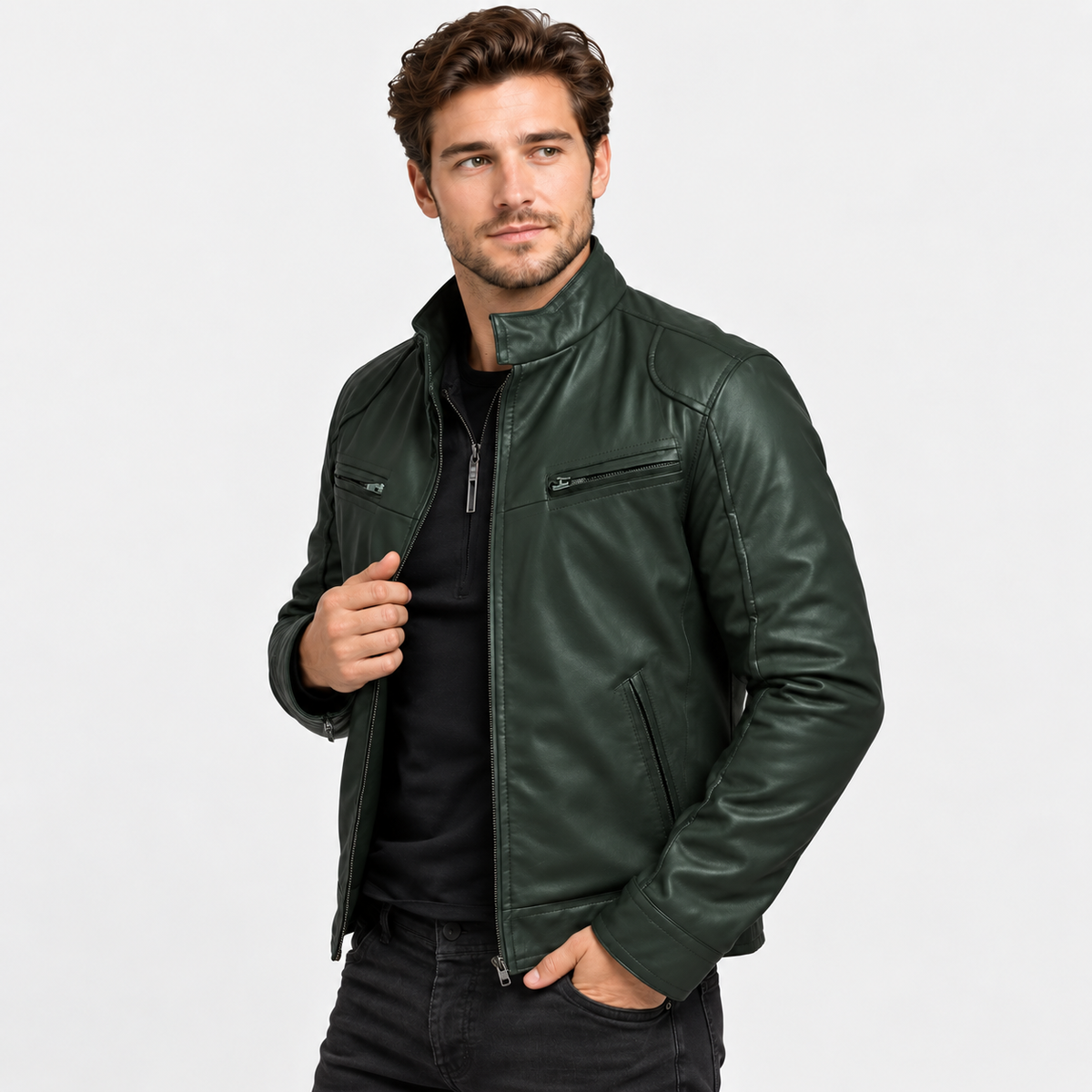 Men's Faux Leather Moto Jacket - Stand Collar