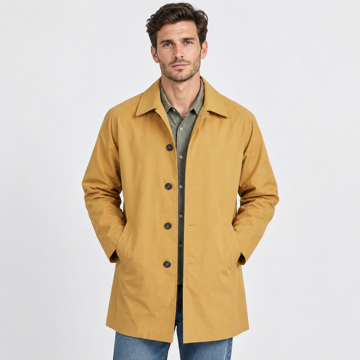 Men's Single-Breasted Trench Coat - Lapel Collar