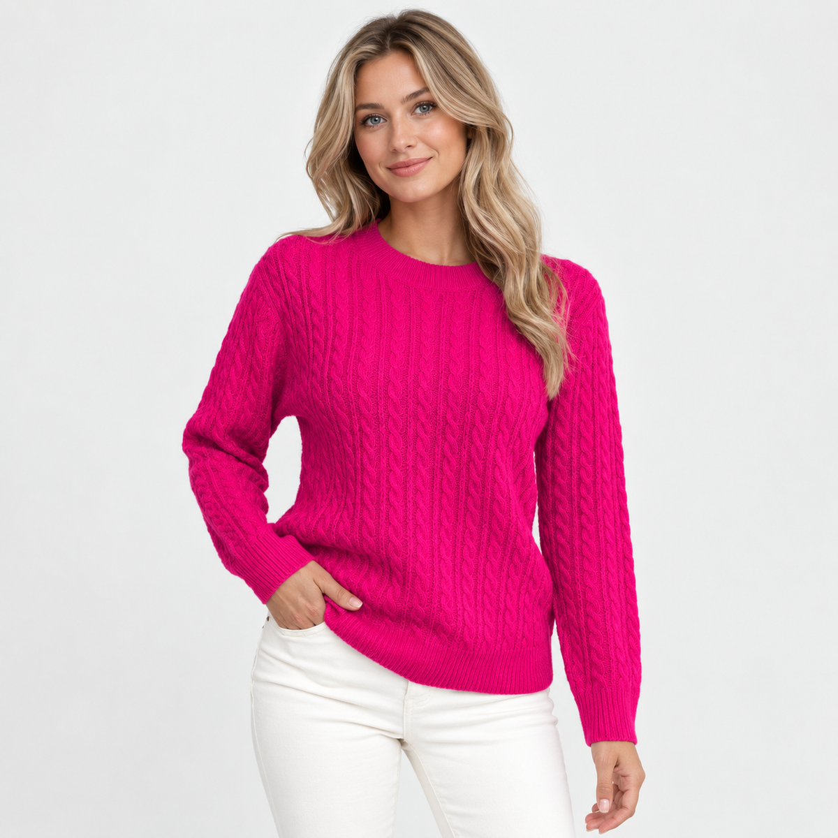 Women's Cable Knit Crew Neck Sweater - Long Sleeve