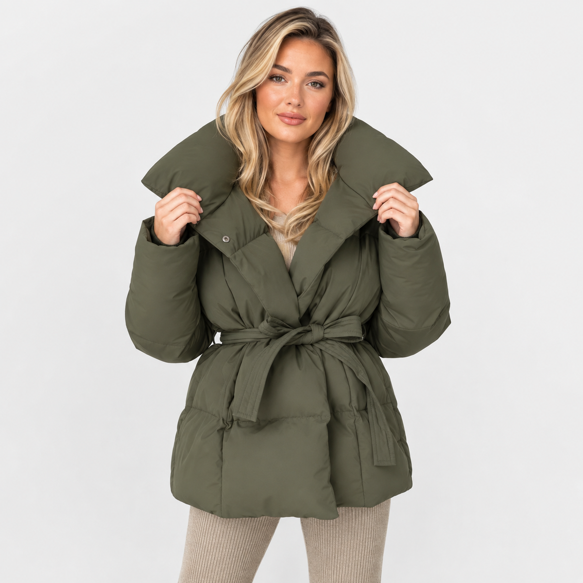 Women's Cotton Winter Coat - Belted Lapel Design