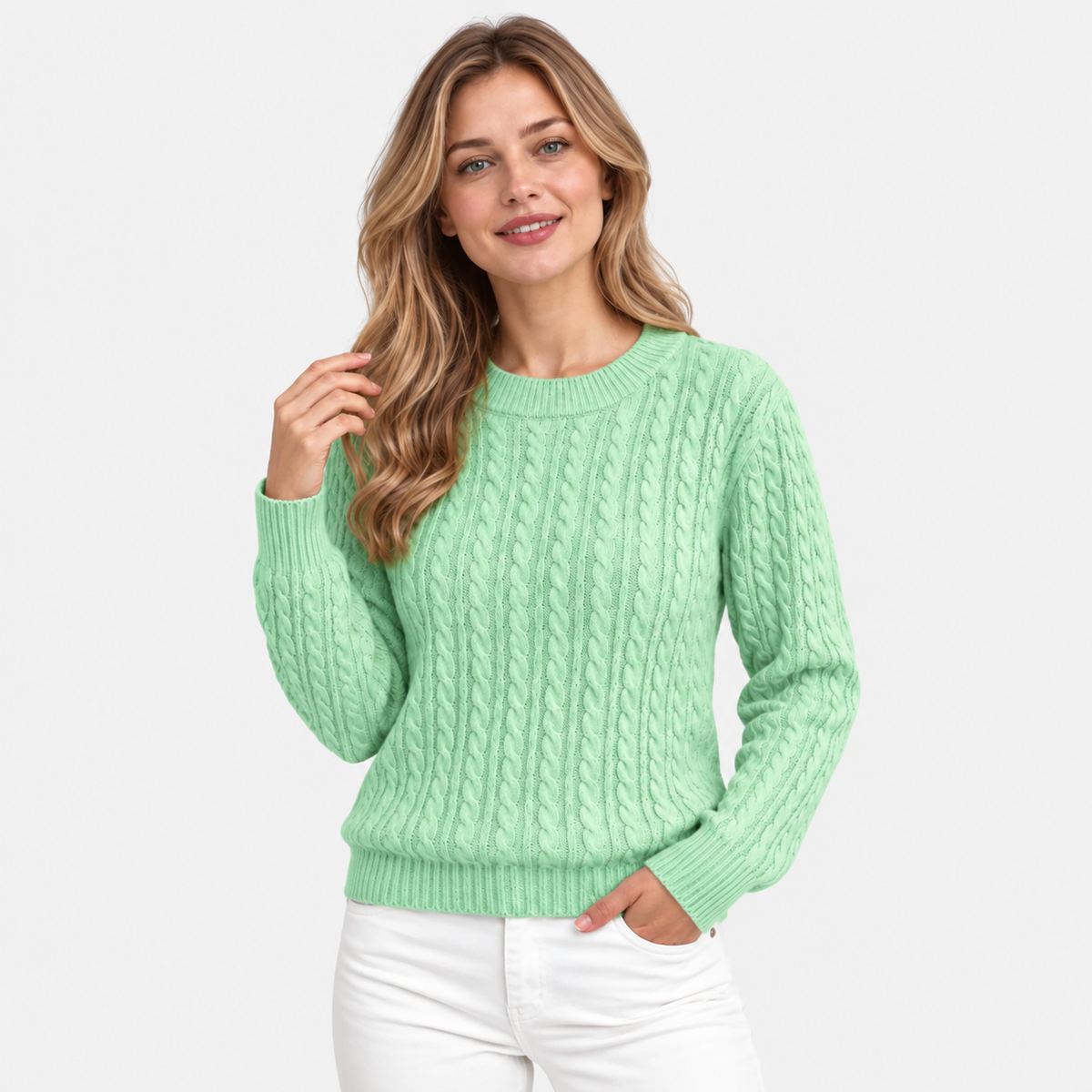 Women's Cable Knit Crew Neck Sweater - Long Sleeve