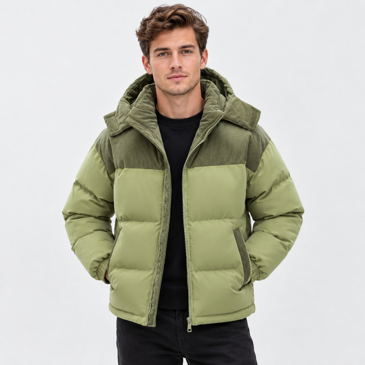 Men's Hooded Padded Winter Coat - Detachable Hood