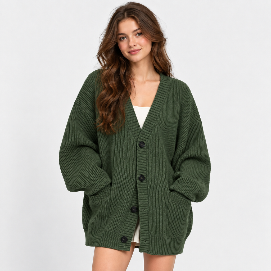 Women's Loose Knit Cardigan Jacket - Button Front