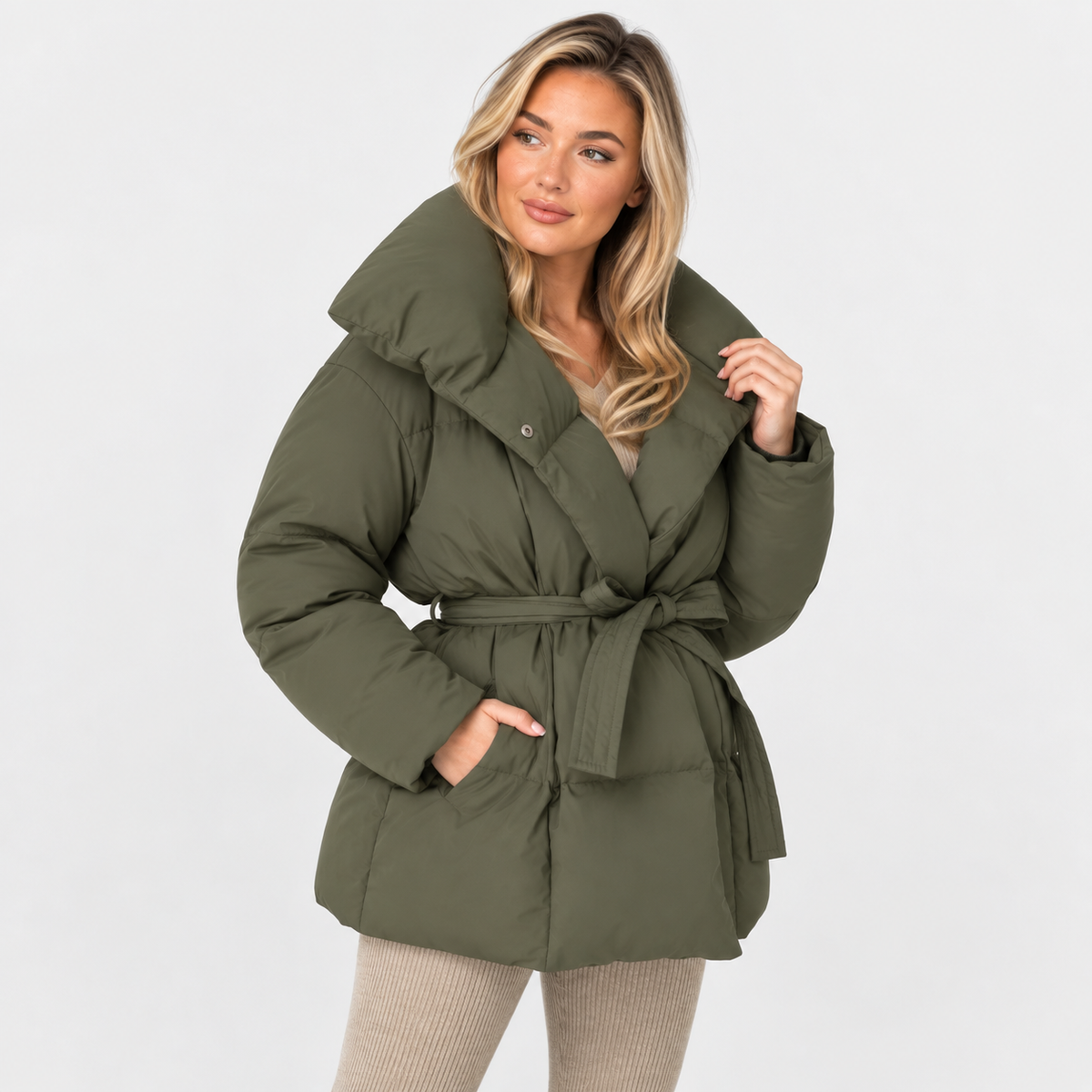 Women's Cotton Winter Coat - Belted Lapel Design