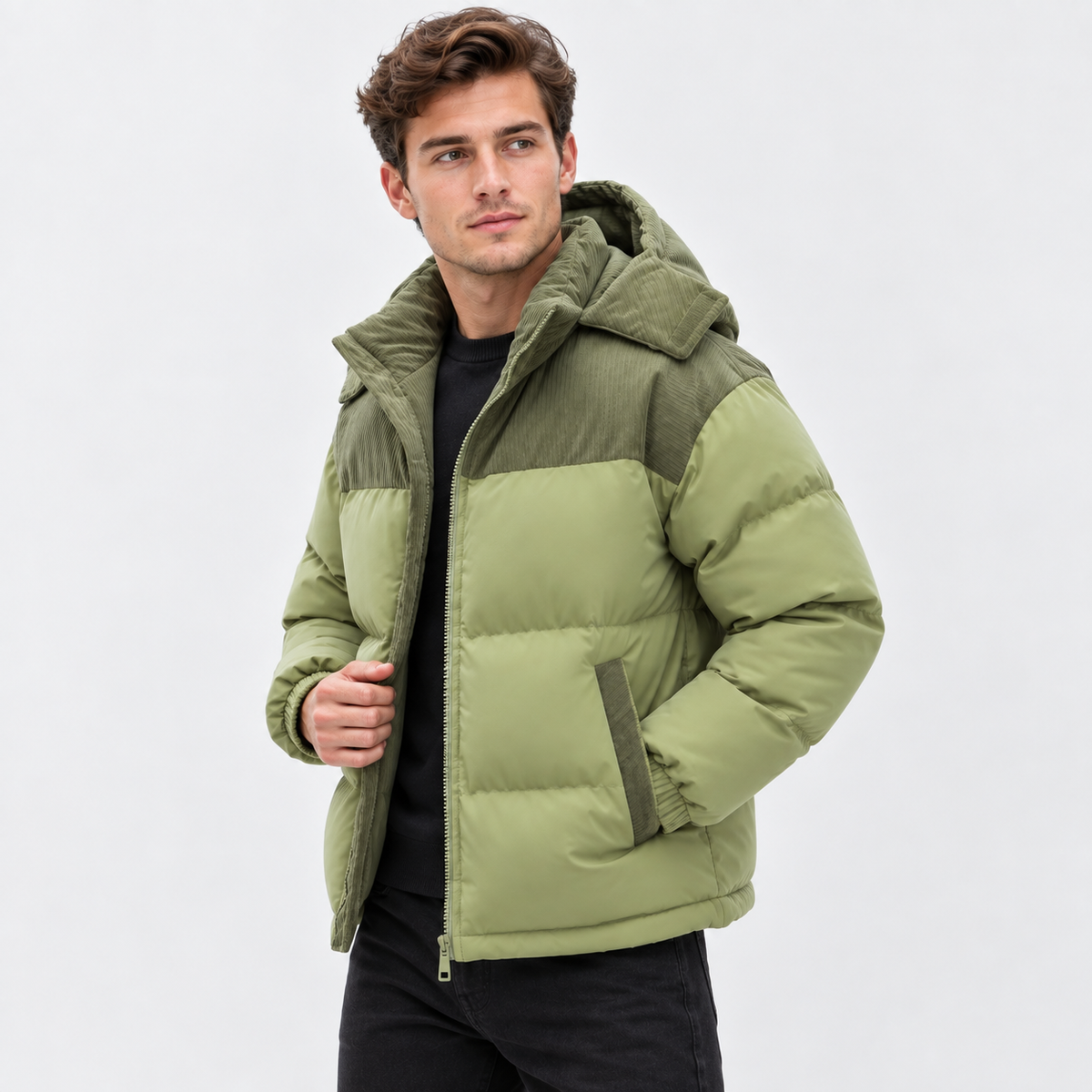 Men's Hooded Padded Winter Coat - Detachable Hood