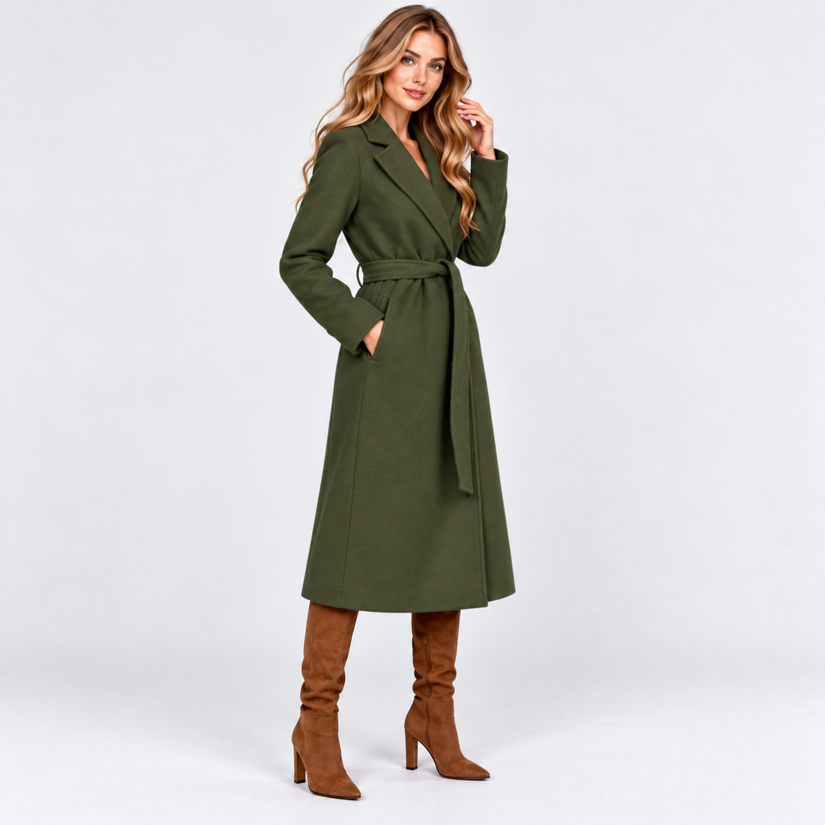 Women's Long V-Neck Coat with Lace-Up Waist