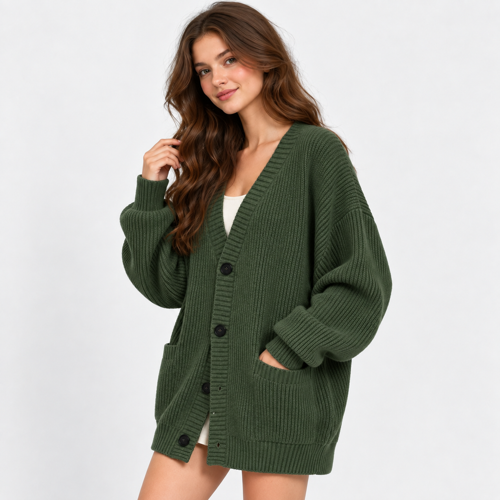 Women's Loose Knit Cardigan Jacket - Button Front