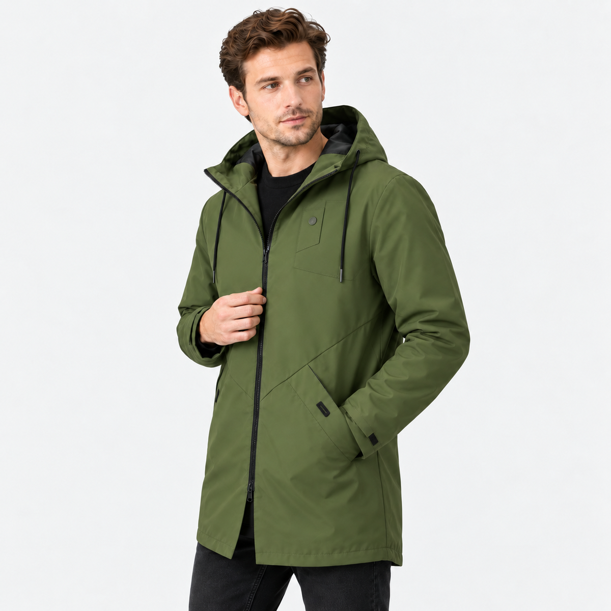 Men's Hooded Shell Jacket - Windproof Mid-Length Style