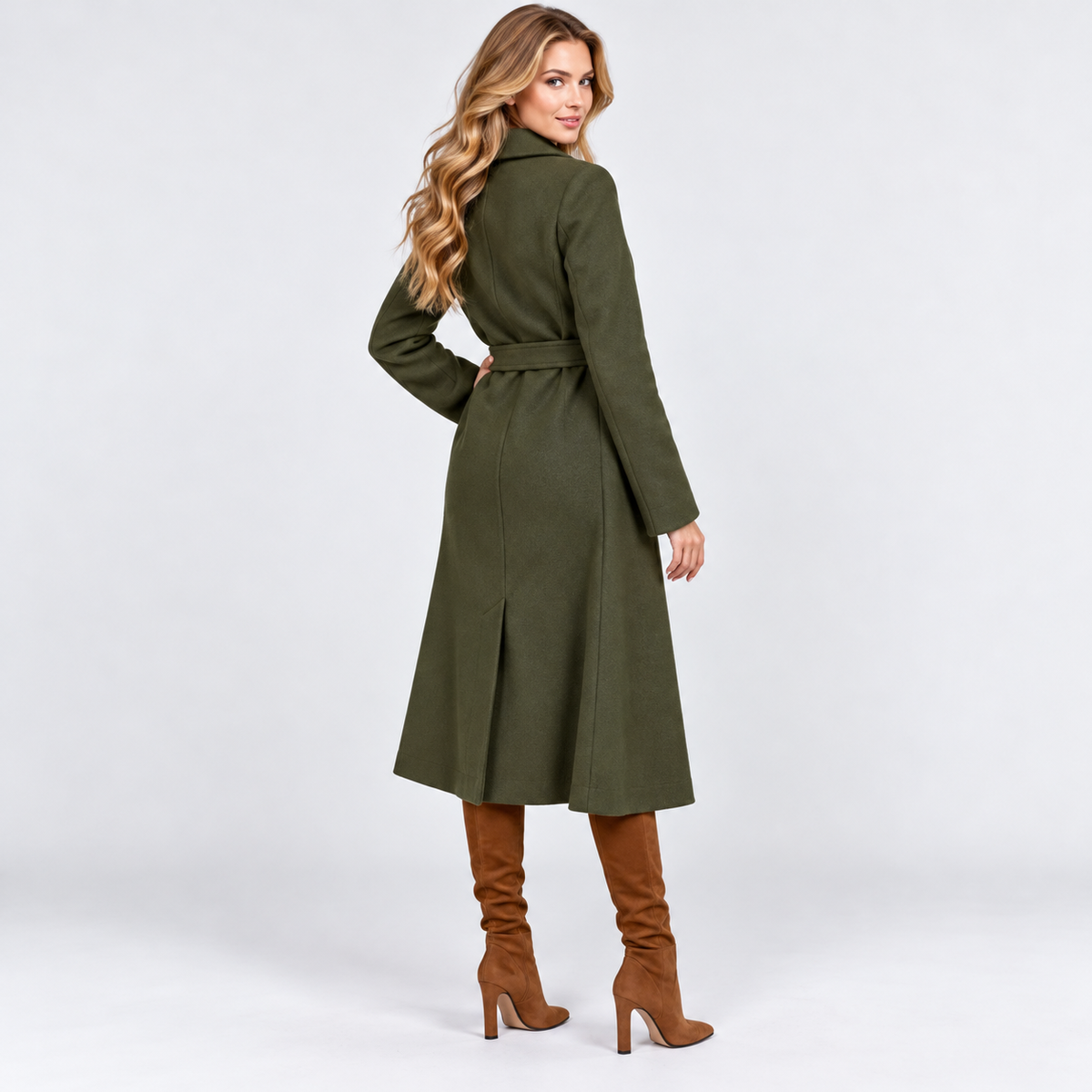 Women's Long V-Neck Coat with Lace-Up Waist