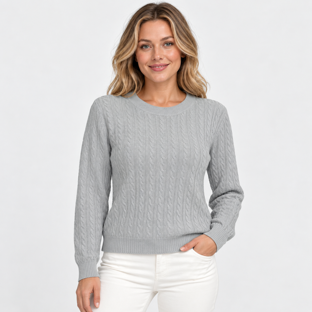 Women's Cable Knit Crew Neck Sweater - Long Sleeve