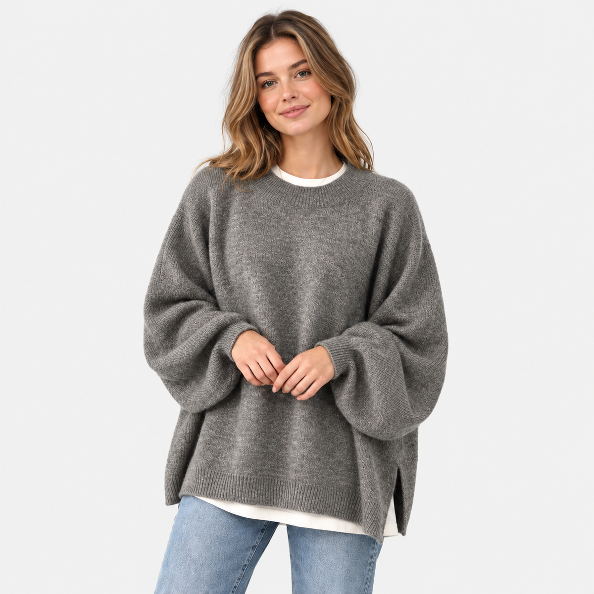 Women's Crew Neck Sweater - Balloon Sleeve Loose Fit