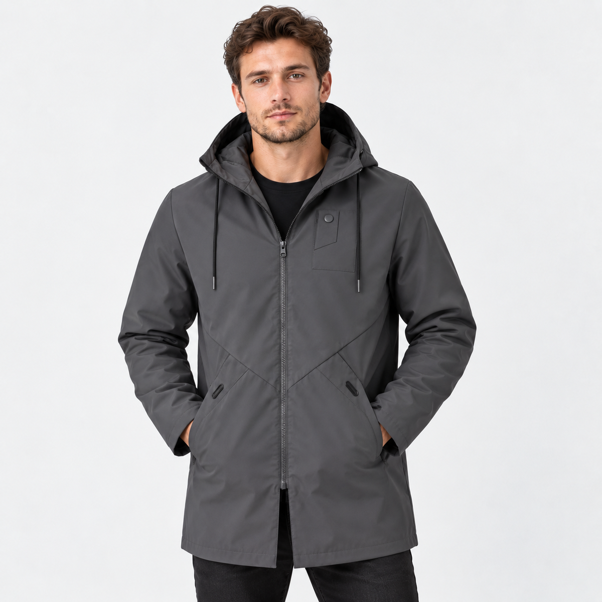 Men's Hooded Shell Jacket - Windproof Mid-Length Style