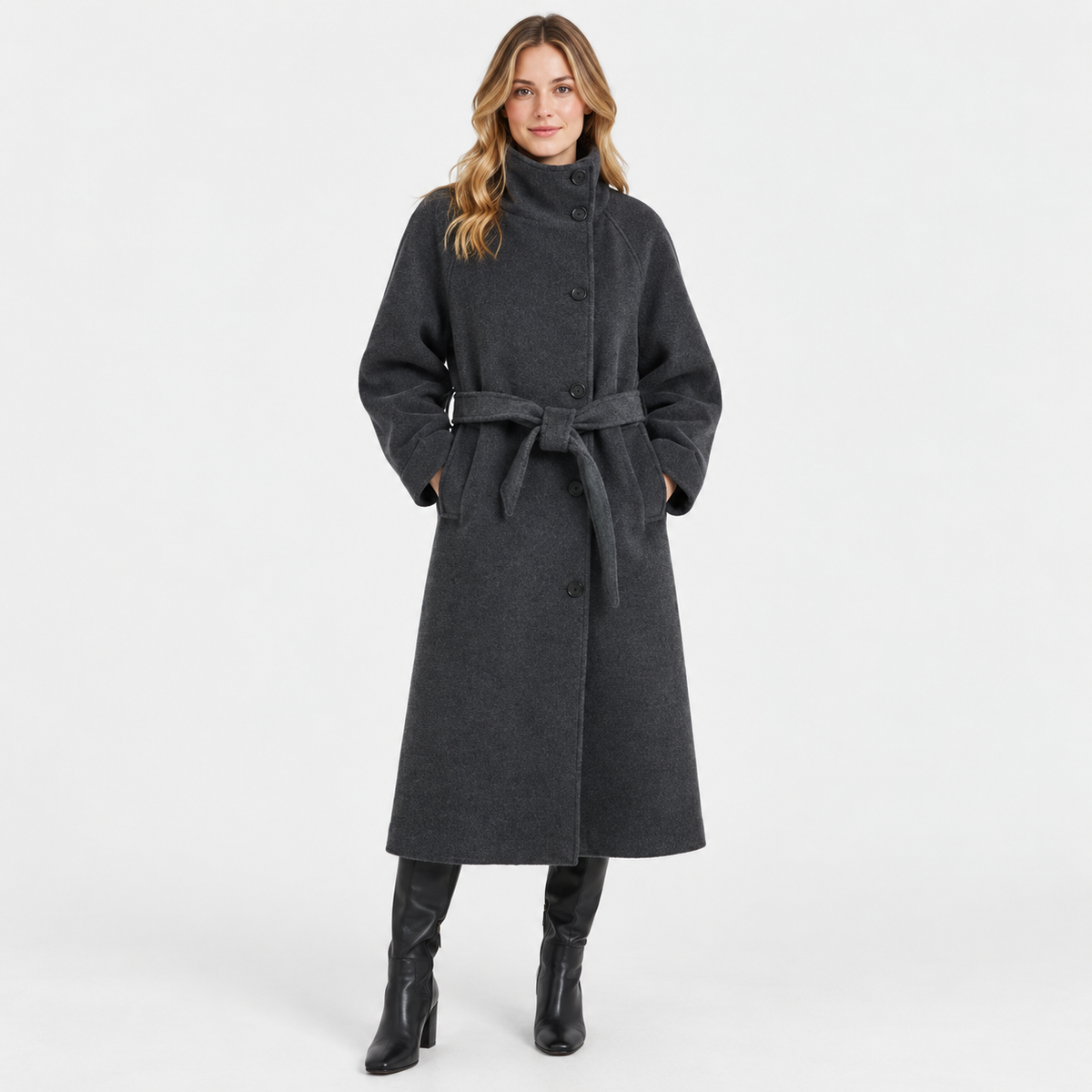 Women's Belted Overcoat - Long Stand Collar Style