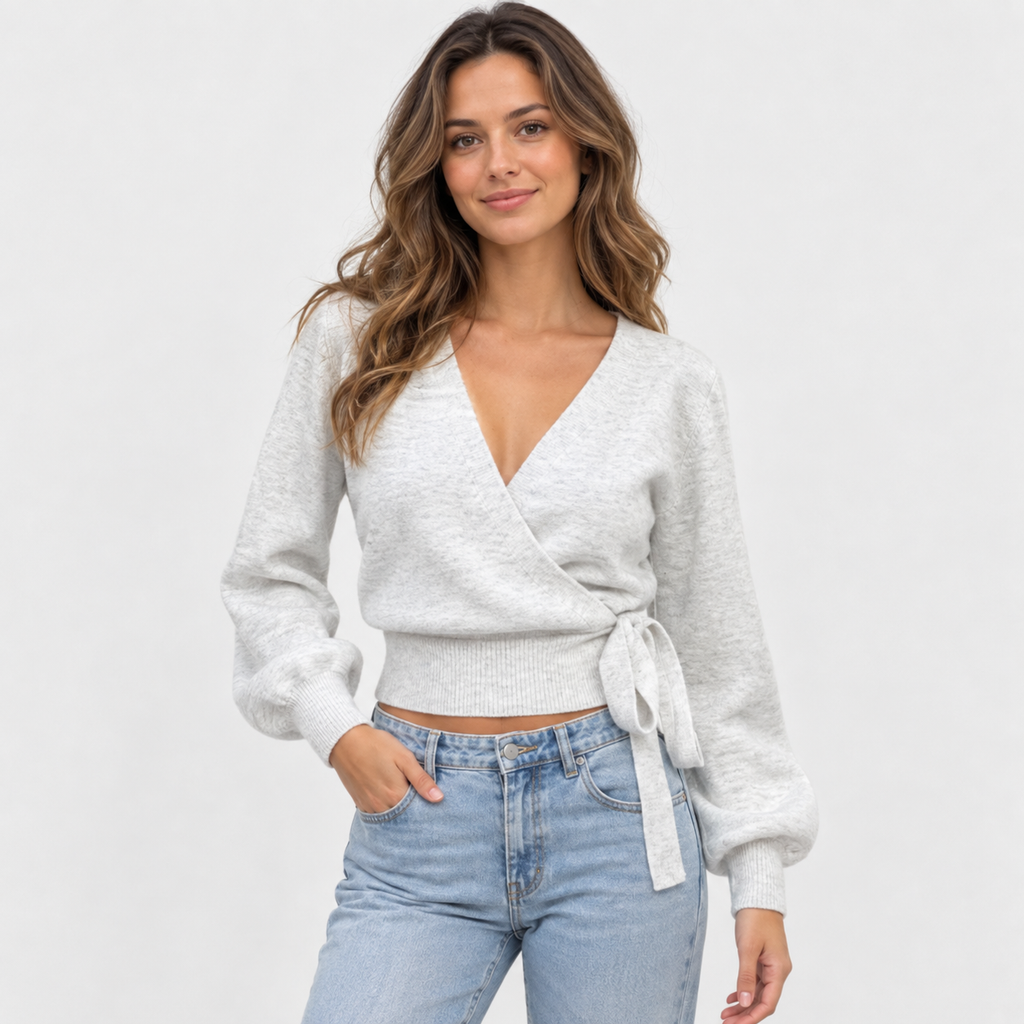Women's Cross V-Neck Top - Long Sleeve Pleated Design