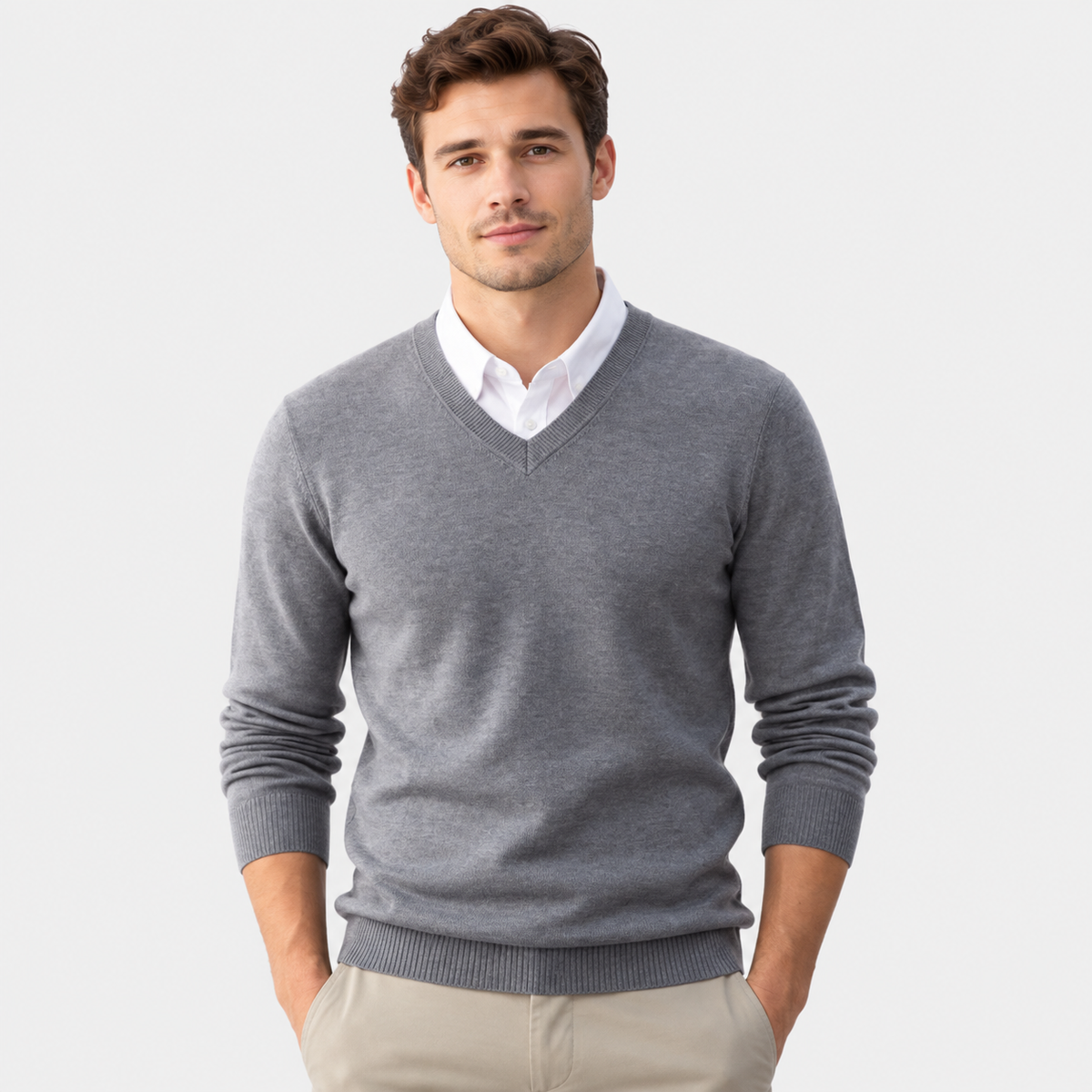 Men's V-Neck Pullover Sweater - Long Sleeve