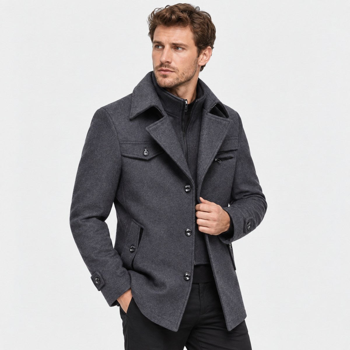 Men's Wool Blend Overcoat - Slim Fit Detachable Collar