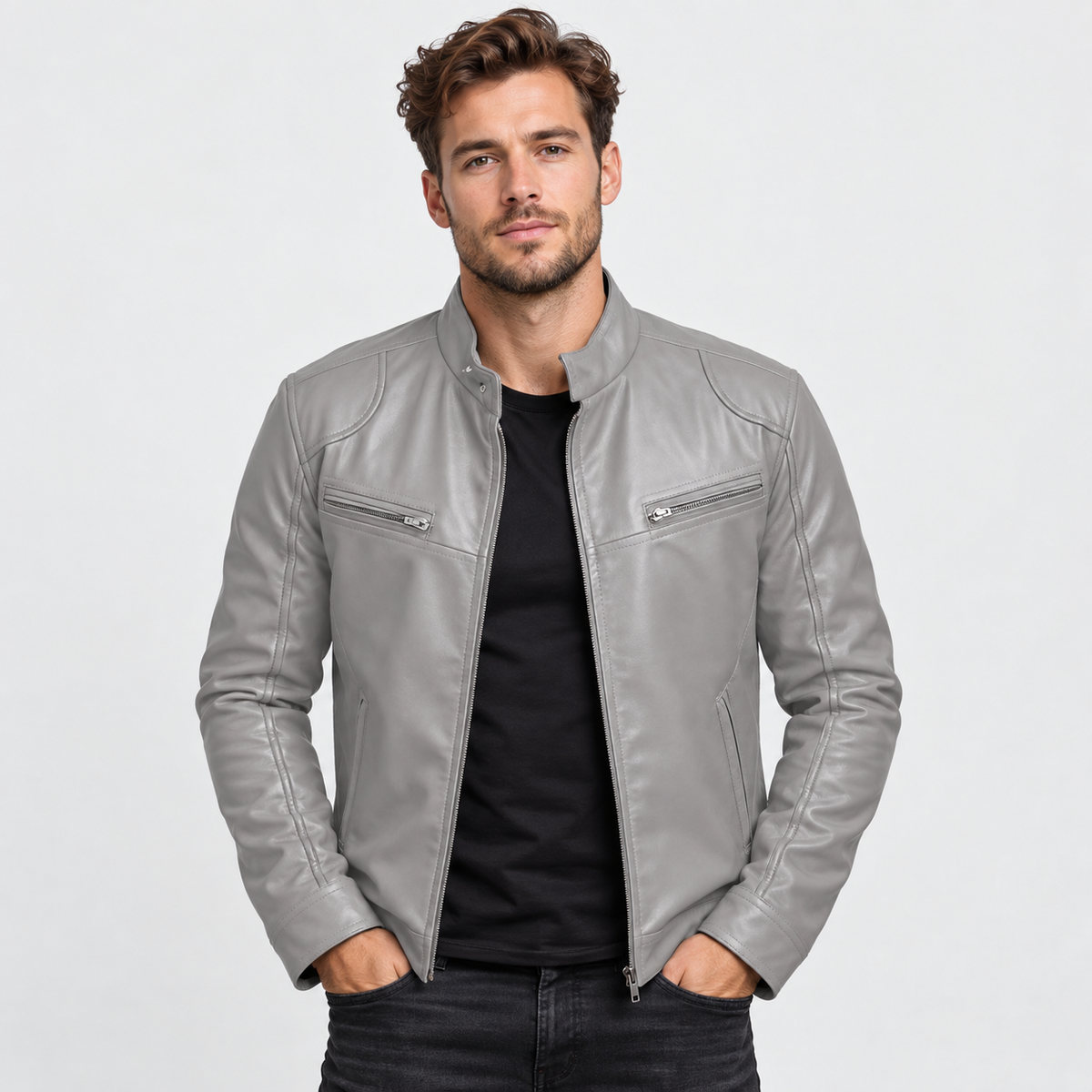 Men's Faux Leather Moto Jacket - Stand Collar