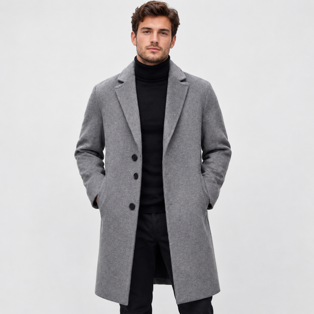 Men's Long Wool-Look Coat - Slim Fit Classic Style