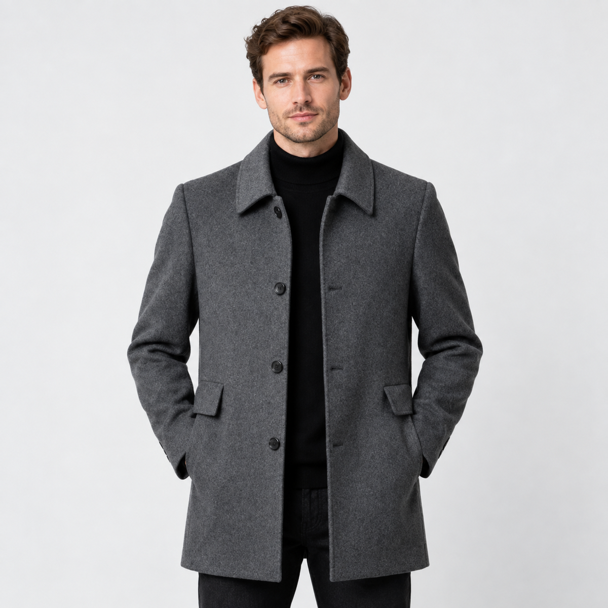 Men's Mid-Length Lapel Coat - Loose Fit Solid Color