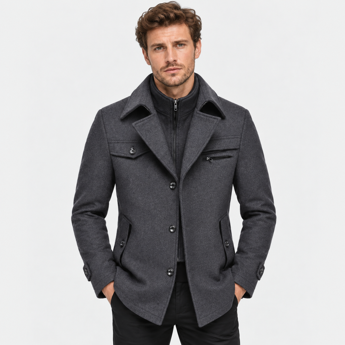 Men's Wool Blend Overcoat - Slim Fit Detachable Collar
