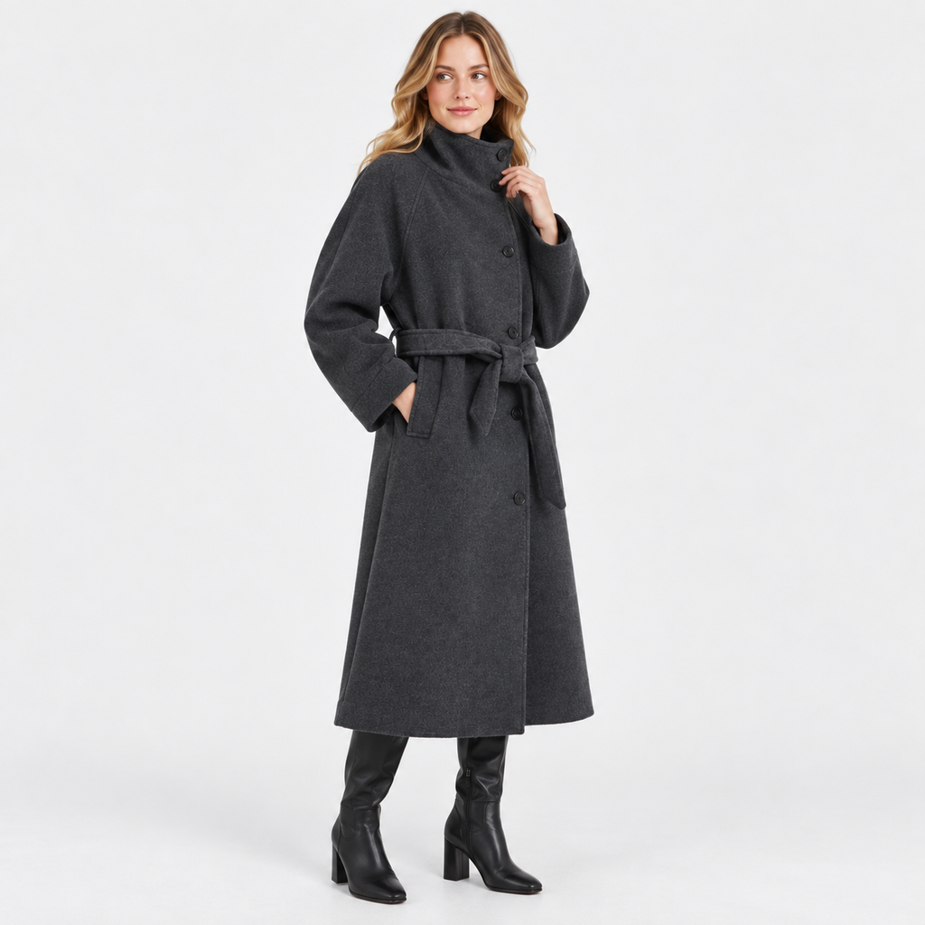 Women's Belted Overcoat - Long Stand Collar Style