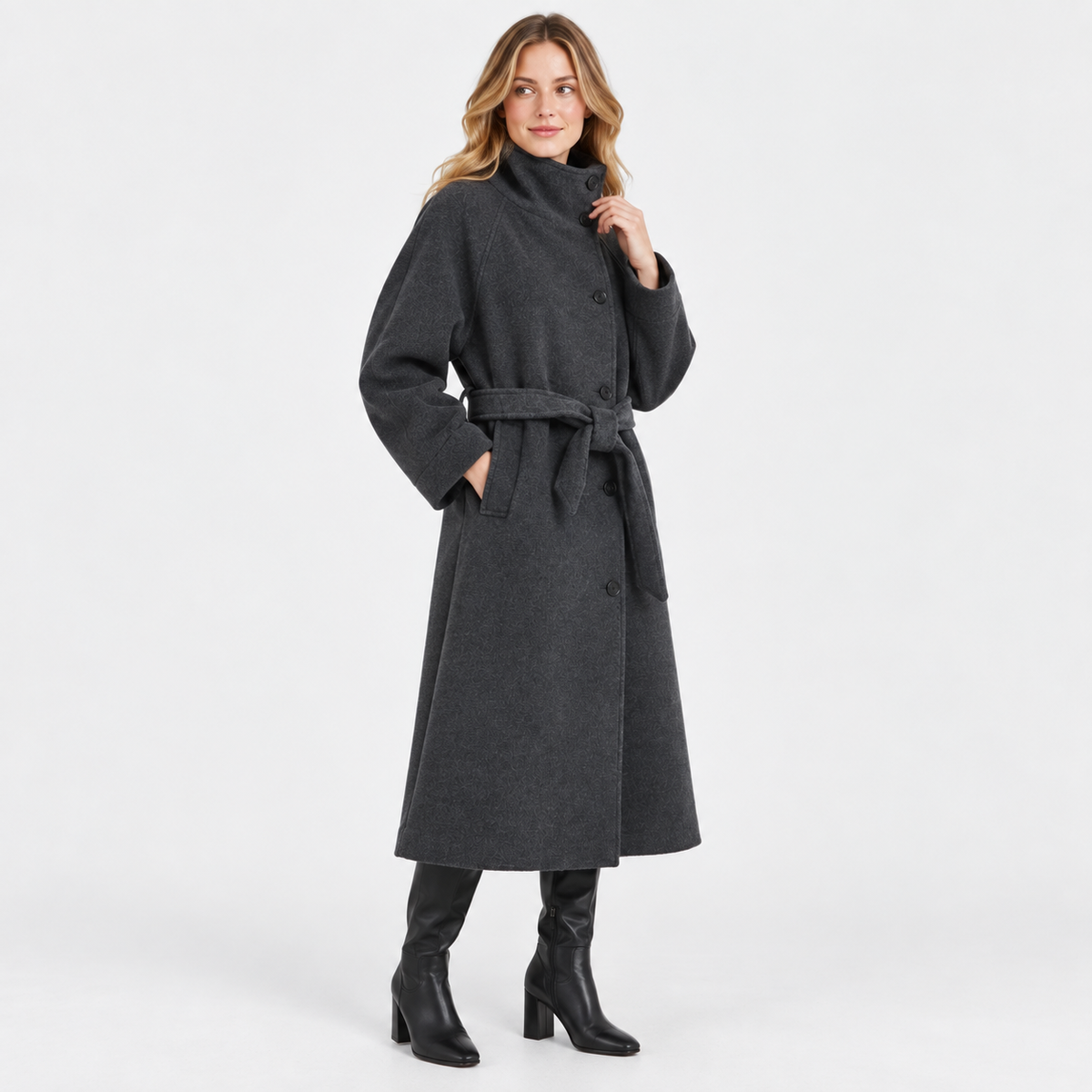 Women's Belted Overcoat - Long Stand Collar Style