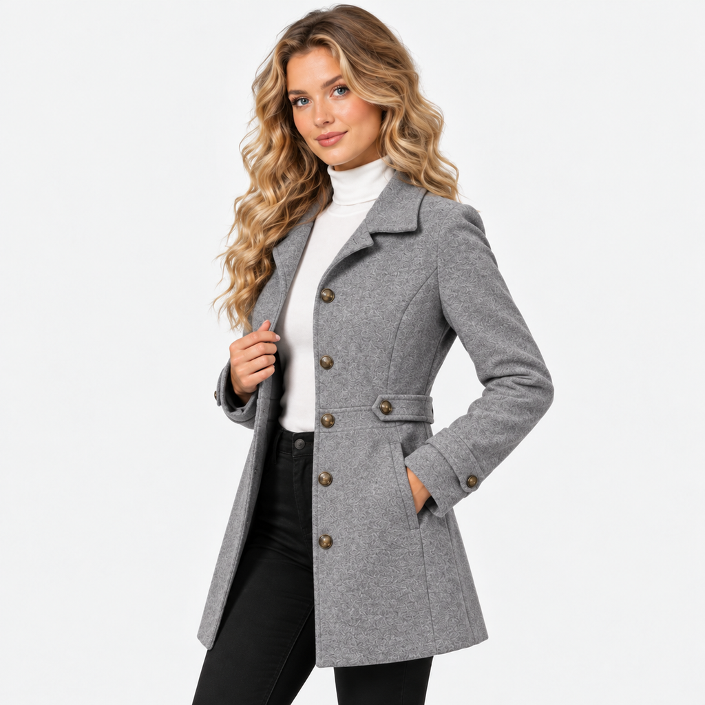 Women's Mid-Length Coat with Lapel Collar and Button Front