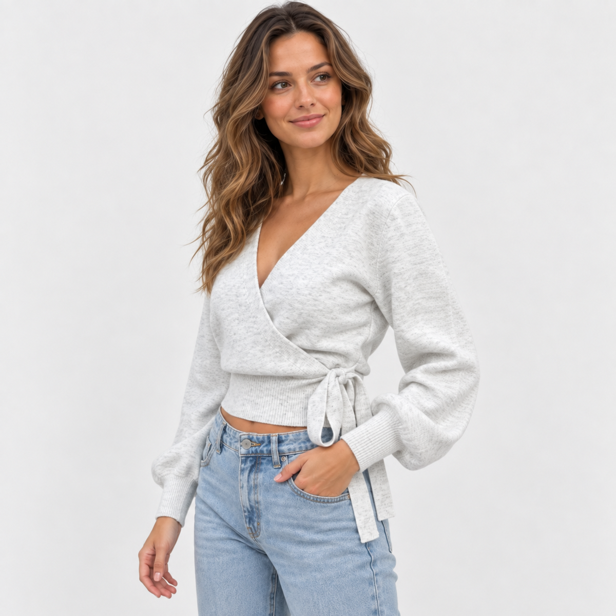 Women's Cross V-Neck Top - Long Sleeve Pleated Design