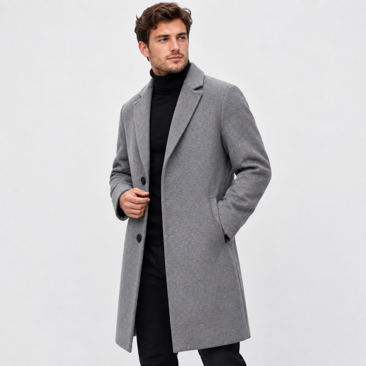 Men's Long Wool-Look Coat - Slim Fit Classic Style
