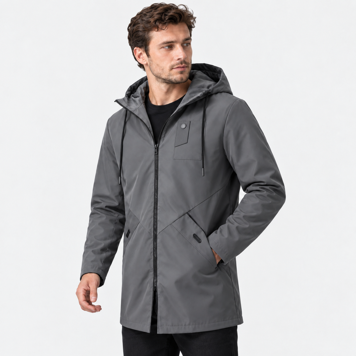 Men's Hooded Shell Jacket - Windproof Mid-Length Style