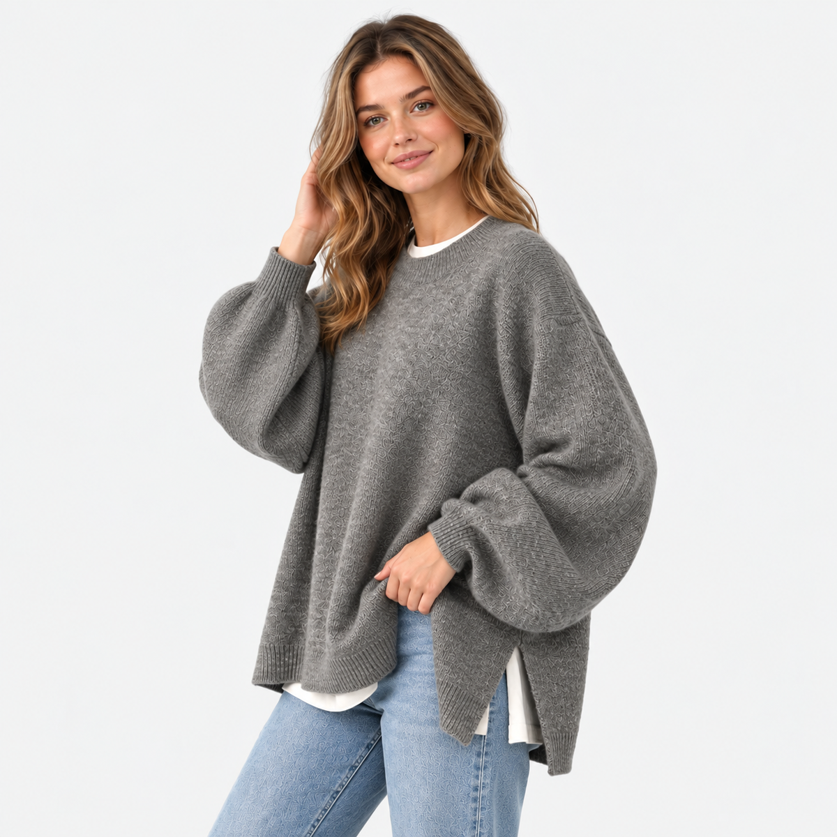 Women's Crew Neck Sweater - Balloon Sleeve Loose Fit