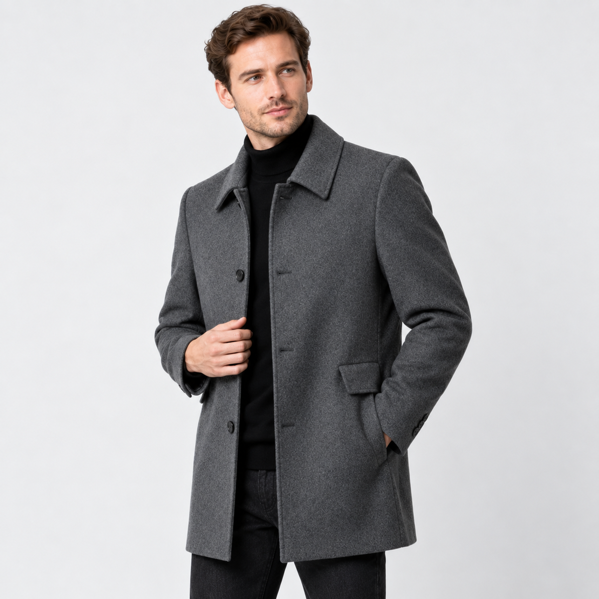 Men's Mid-Length Lapel Coat - Loose Fit Solid Color