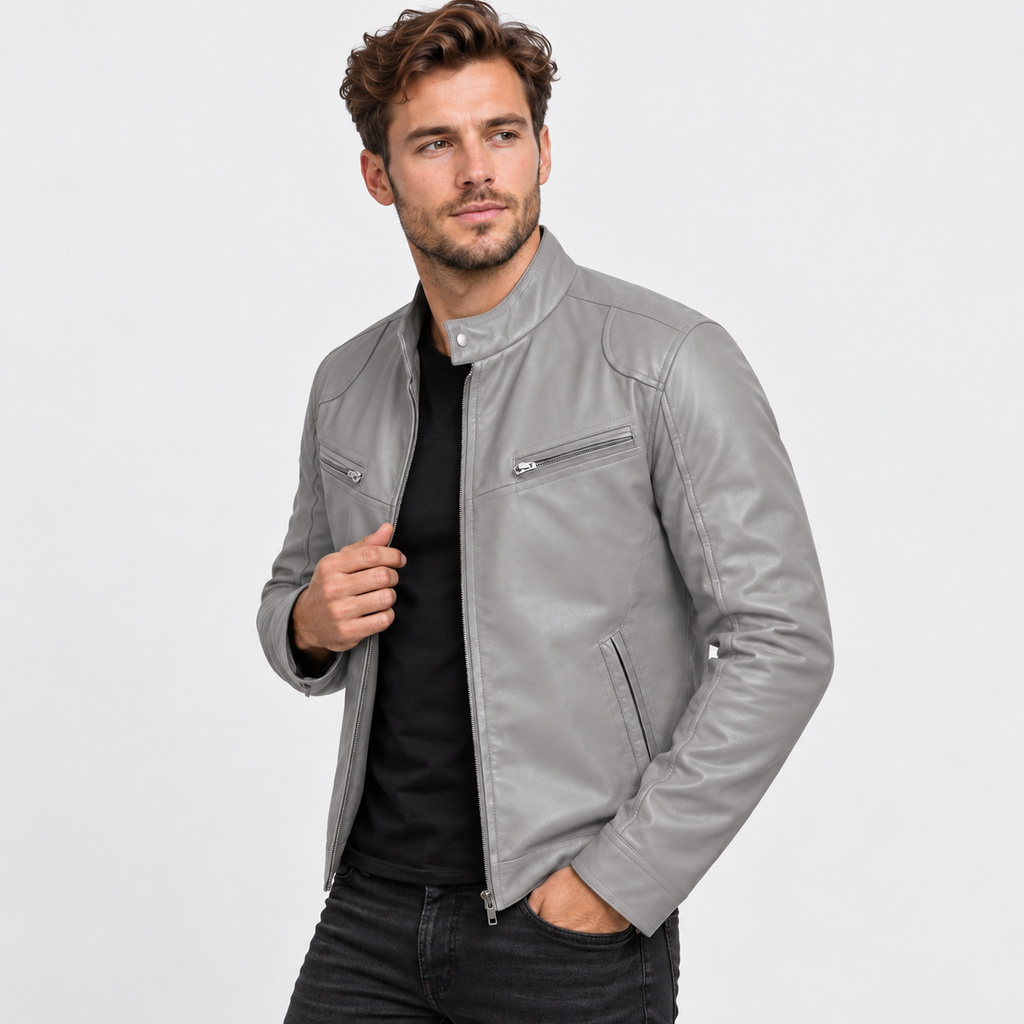 Men's Faux Leather Moto Jacket - Stand Collar