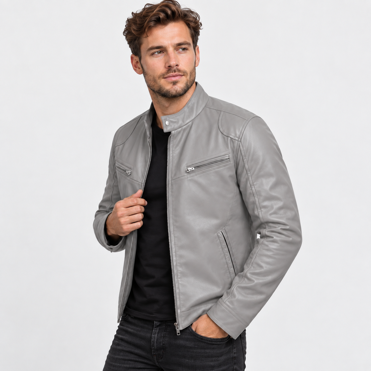 Men's Faux Leather Moto Jacket - Stand Collar