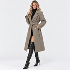 Women's Long Double Breasted Coat with Belted Waist